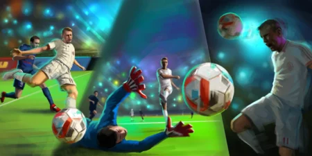 Nogometaš juri prema golu okružen loptama i svjetlima stadiona