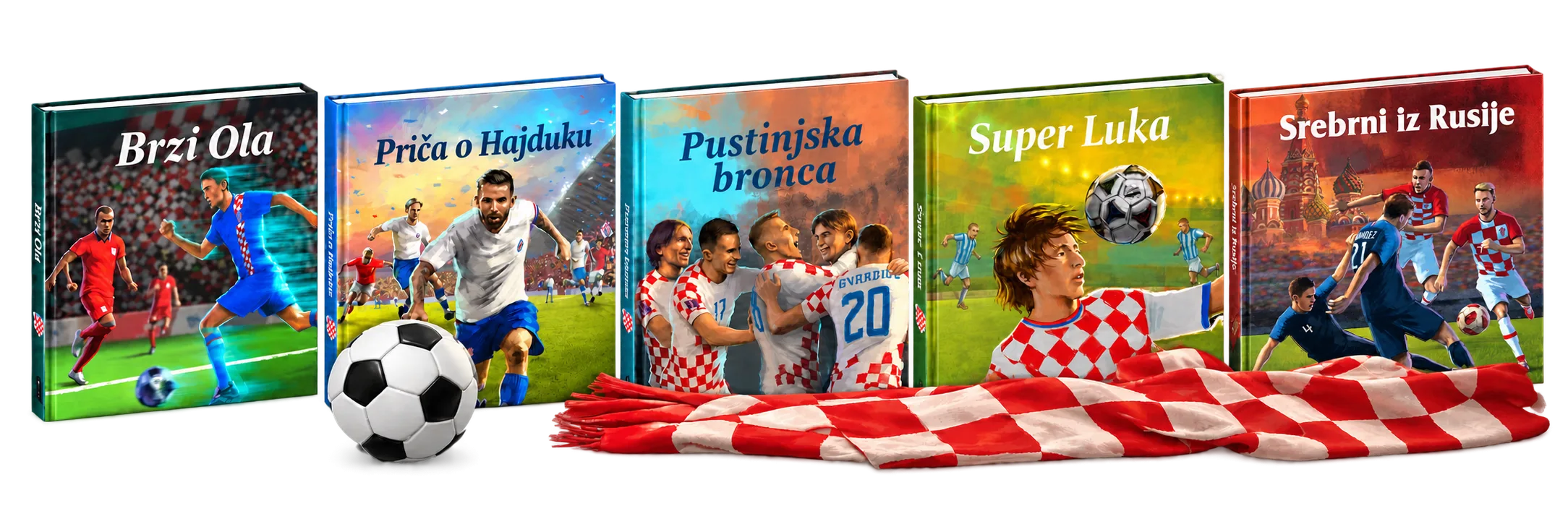 Slikovnice Brzi Ola, Priča o Hajduku, Pustinjska bronca, Super Luka i Srebrni iz Rusije poredane uz nogometnu loptu i hrvatski kockasti šal