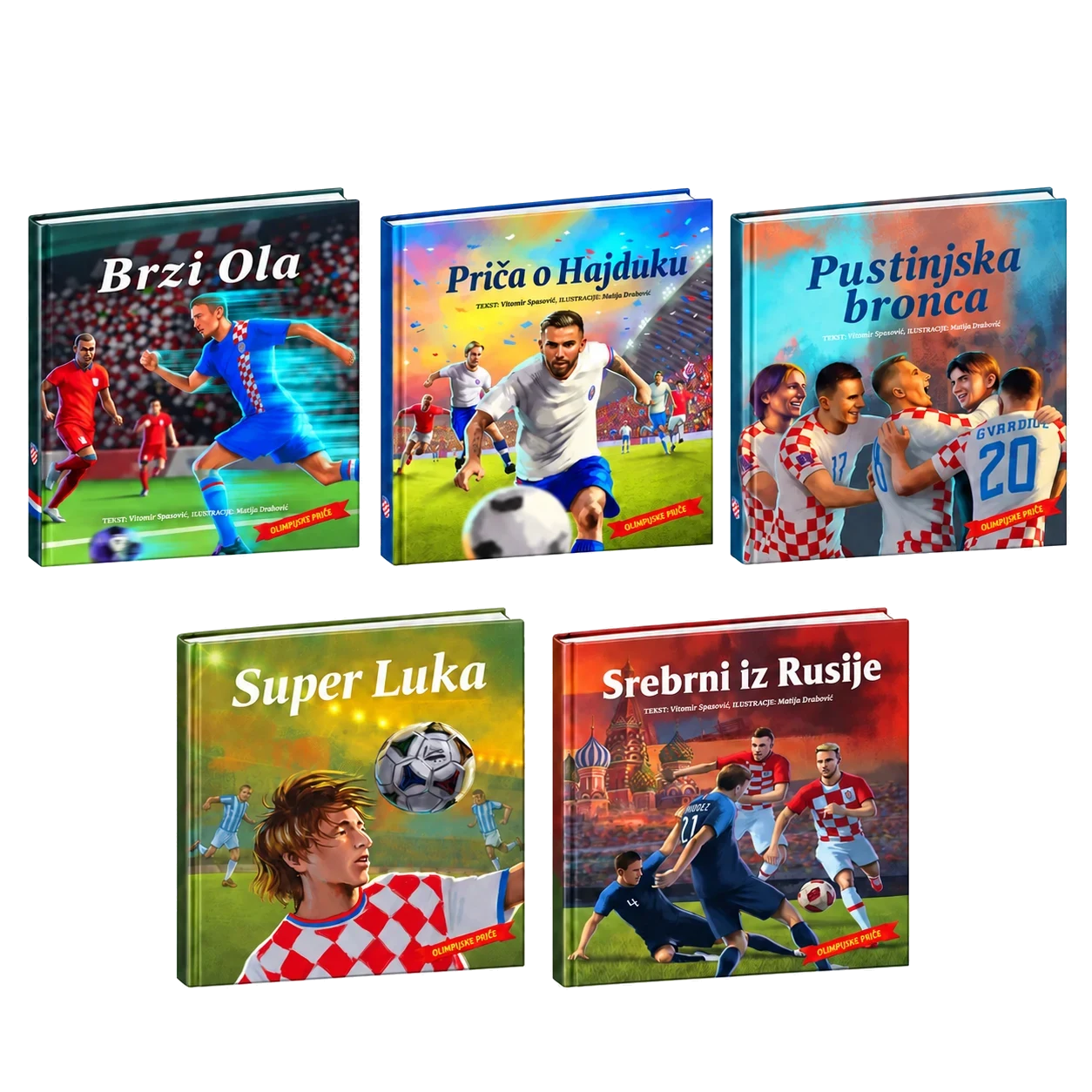 Paket A5 – svih pet ilustriranih slikovnica Hrvatski sportski junaci: Brzi Ola, Priča o Hajduku, Pustinjska bronca, Super Luka i Srebrni iz Rusije