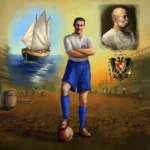 Nogometaš u plavom dresu stoji uz more pokraj jedrenjaka i spomenika osnivačima kluba