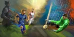 Hrvatski nogometaši napadaju gol dok vratar u zelenom dresu brani udarac
