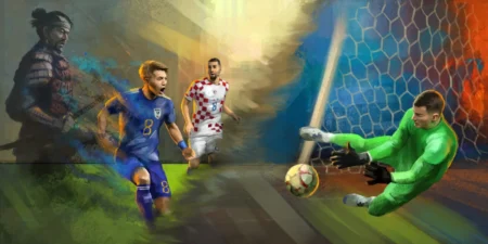 Hrvatski nogometaši napadaju gol dok vratar u zelenom dresu brani udarac