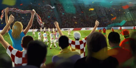 Nogometaši pozdravljaju navijače koji mašu hrvatskim zastavama na tribinama